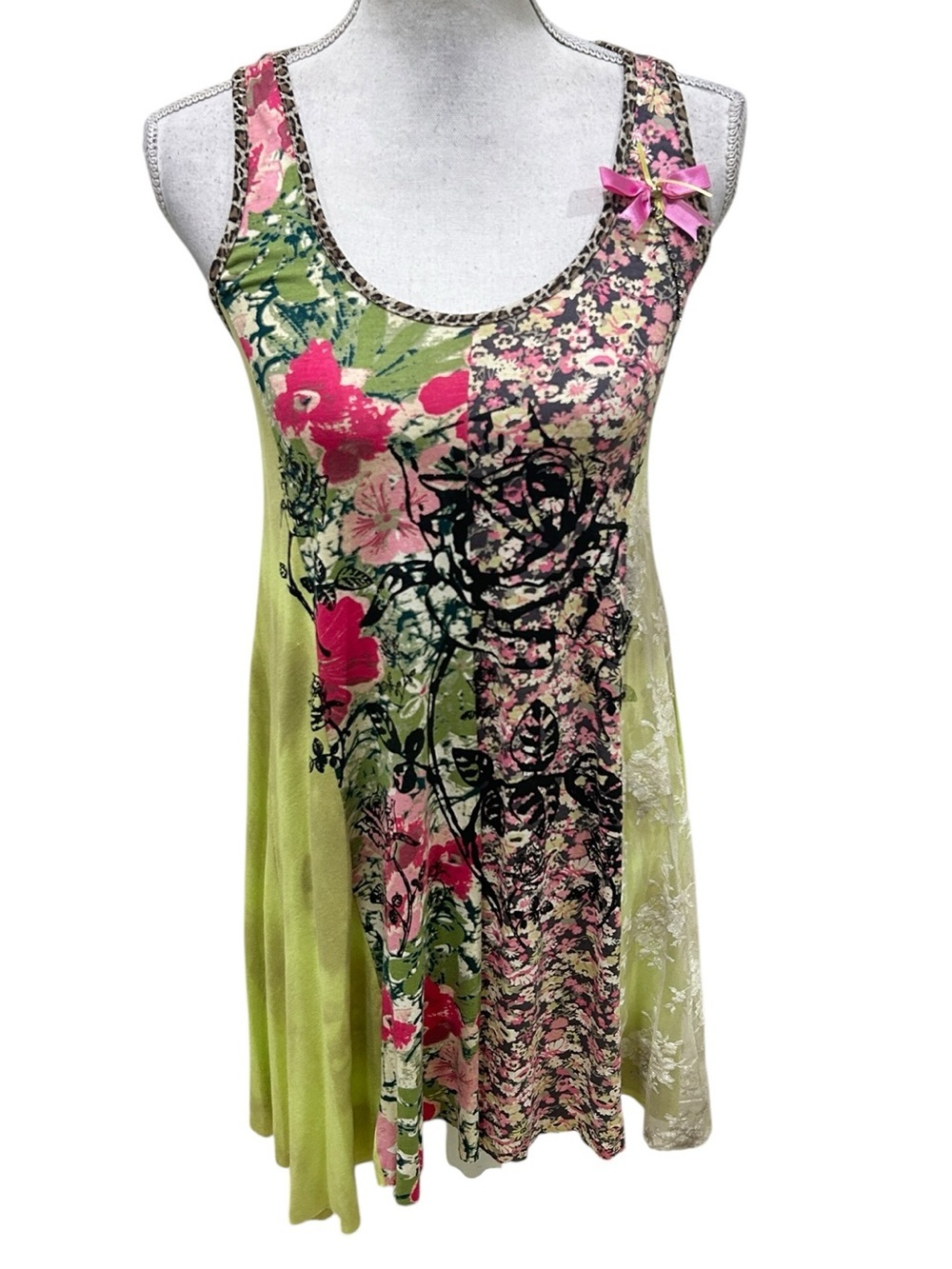 Seven Waves Floral Patchwork Sleeveless a- line Sun Dress lace Green Pink large
